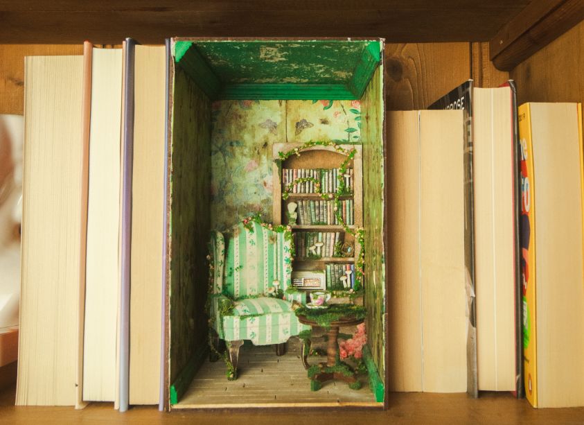 Bronte Huskinson From Bee With Love close up of miniature library book nook